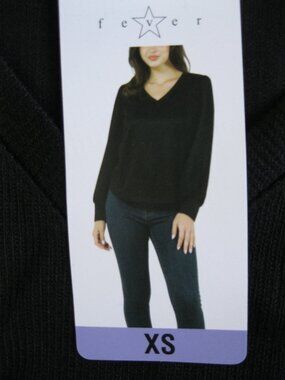 FEVER Ladies Rib Knit Top Black V-Neck Puff Sleeve Sweater Women's XS NWT 182192